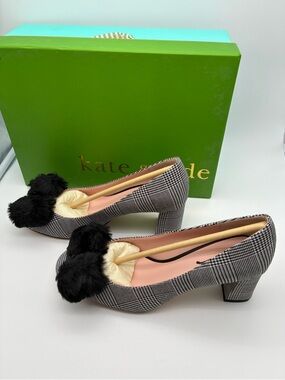 NWB Kate Spade Carine Black Plaid Fur-Trim Pumps size 6.5 M